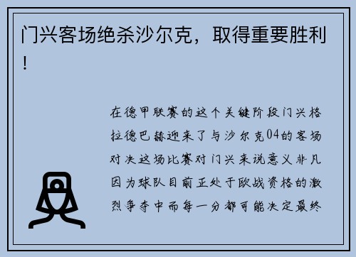门兴客场绝杀沙尔克，取得重要胜利！